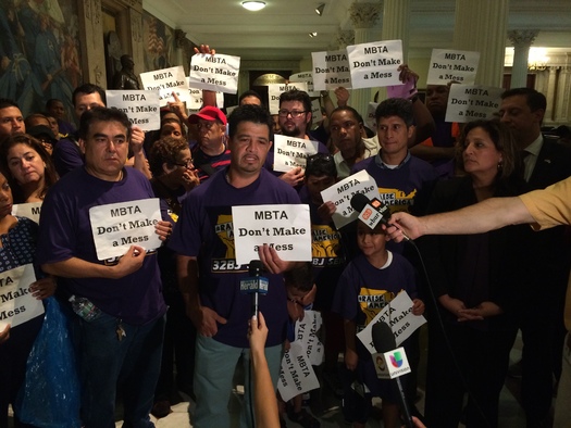 The janitors who clean the T and their supporters rally today against job cuts they say could leave the MBTA a mess. (SEIU)