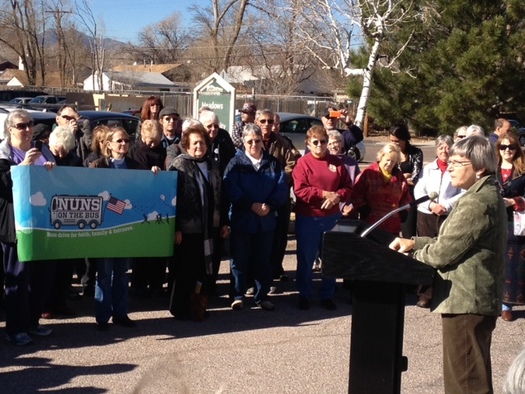 Photo: Sister Simone Campbell speaks at a 'Nuns on the Bus' event in Colorado Springs. Courtesy Nuns on the Bus.