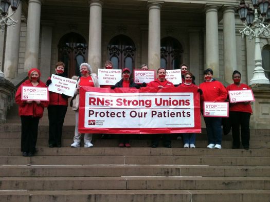 PHOTO: Michigan nurses were among thousands protesting the right-to-work vote at the State Capitol. Courtesy of Michigan Nurses Association.