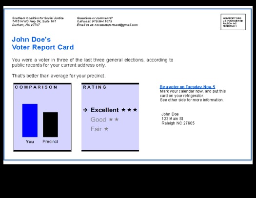 Photo: Sample Voter Report Card being sent to NC homes this week. Courtesy: Southern Coalition for Social Justice
