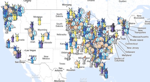 GRAPHIC: A map showing the variety of ways and locations local governments have invested in wired telecommunications networks. Advocates say communities and nonprofits offer competition to private-sector cable and fiber-optic companies. Photo credit: Community Broadband Networks.