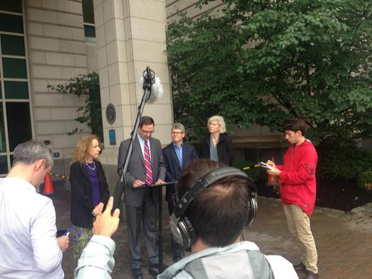 PHOTO: Peter Iwanowicz (center) with environmental allies speaking in opposition to a state board's decision (Thursday) to approve using a half billion dollars in environmental funding to repair the Tappen Zee Bridge. Photo courtesy Travis Proulx.