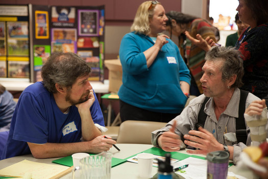 PHOTO: At an Oregon Food Bank FEAST in Cottage Grove in April, community members discuss priorities for their town's food system, from local agriculture to food waste, and how to improve them. Photo courtesy Oregon Food Bank.
