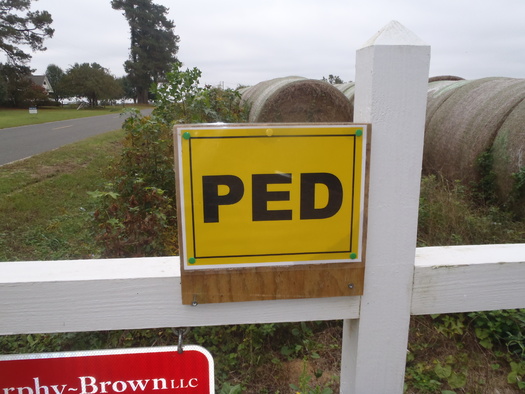 PED (Porcine Epidemic Diarrhea) sign informing public that the virus has been found on this North Carolina pig farm. Photo Courtesy of Waterkeeper Alliance.