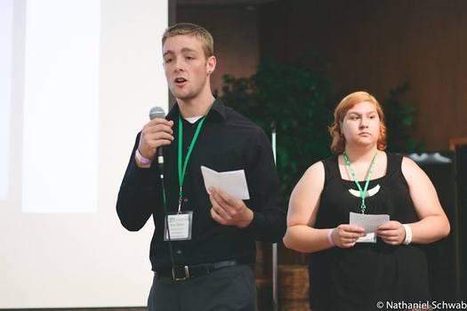 PHOTO: Microphone in hand, Royce Markley addressed policymakers at a luncheon last week. Members of the Oregon Foster Youth Connection shared their views about problems with the foster care system and outlined possible solutions. Photo credit: Nathaniel Schwab, Children First For Oregon  