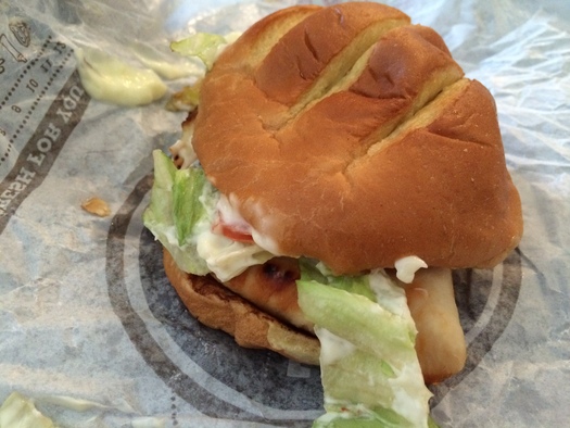 PHOTO: A chicken sandwich may seem like a healthy option when dining out, but an Indiana expert says many restaurant foods contain more fat and calories than you might think. Photo credit: M. Kuhlman.