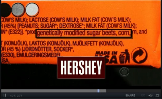 PHOTO: This image, from a presentation by Michael Hansen of Consumer Reports, shows the label of a candy bar sold in Europe, where food companies already are required to label their genetically-engineered ingredients. Photo courtesy Michael Hansen.