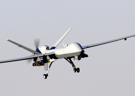 PHOTO: A MQ-9 Reaper unmanned aerial vehicle prepares to land after a mission in support of Operation Enduring Freedom in Afghanistan. The Reaper has the ability to carry both precision-guided bombs and air-to-ground missiles. Photo credit: Staff Sgt. Brian Ferguson/U.S. Air Force.