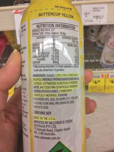 PHOTO: Proponents of GMO food labeling say U.S. companies are already adding the information on labels of products sold in more than 60 countries. This is a label on American-made cake frosting sold in Australia. Photo courtesy Consumers Union.