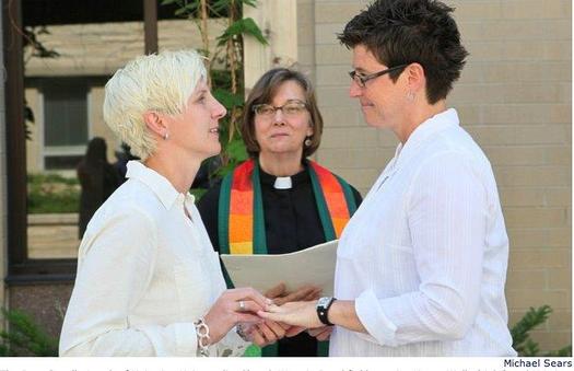 PHOTO: Same-sex marriages are now legal in Wisconsin, following the U.S. Supreme Court's decision not to hear appeals from Wisconsin and four other states regarding the matter. Some Wisconsin county clerks began issuing marriage licenses to same-sex couples immediately following the decision. Photo courtesy of Michael Sears, One Wisconsin Now.