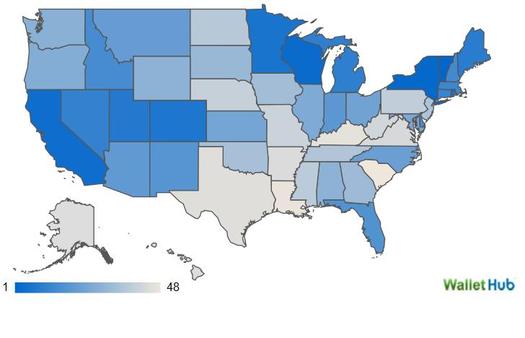 GRAPHIC: Connecticut ranks near the top among the darker blue states on the map for car-related energy efficiency in a new report, but scored lower for home-related energy efficiency. Map graphic courtesy of Wallethub.