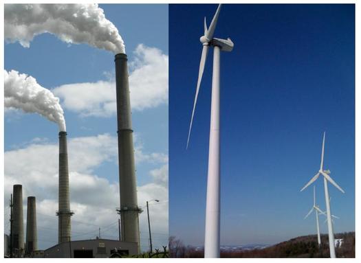 PHOTO: West Virginia can reach federal carbon pollution reduction goals, according to a new study. Combined pictures of the Mount Storm coal-fired power plant and the Tucker County Mountaineer Wind Farm from the report, taken by Evan Hansen.