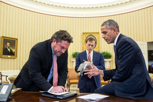 Photo: President Obama works on his immigration speech with Director of Speechwriting Cody Keenan and Senior Presidential Speechwriter David Litt in the Oval Office. Photo credit: Pete Souza, WhiteHouse.gov