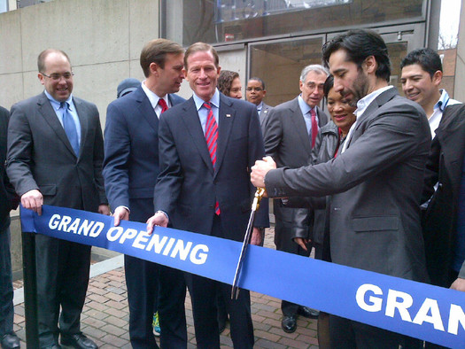 PHOTO: U.S. Sens. Richard Blumenthal and Chris Murphy join Small Business Association (SBA) New England Regional Administrator Seth Goodall at ribbon ceremony cutting marking the opening of seven new, local New Haven businesses. Photo courtesy of the SBA.