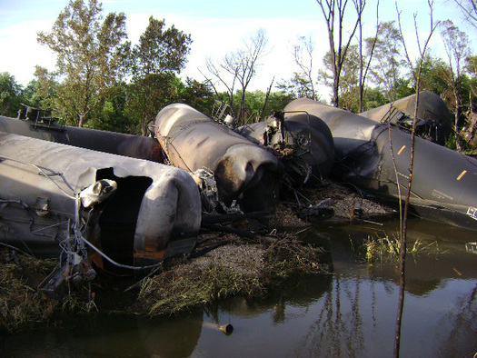 PHOTO: A federal lawsuit filed this week asks the U.S. Department of Transportation to ban the use of DOT-111 tank cars for shipping crude oil because of safety and durability issues. Photo of damage to DOT-111 tank cars courtesy of National Transportation Safety Board.