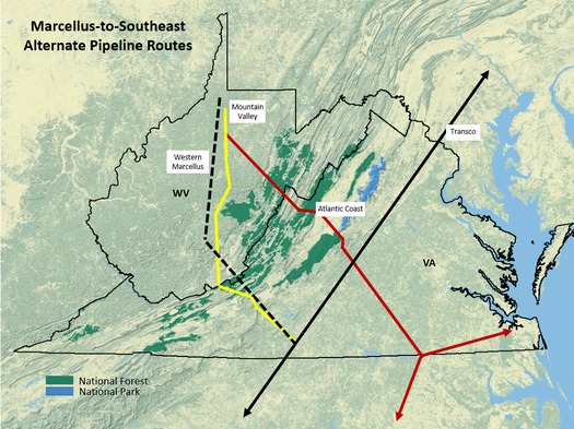 MAP: Three large pipelines have all plotted paths though national forests. Map courtesy of Appalachian Mountain Advocates.