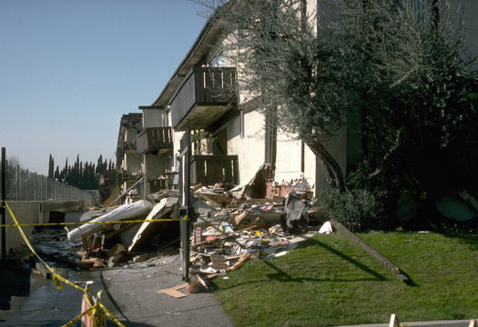 PHOTO: The collapsed Northridge Meadows apartment building following the 1994 Northridge earthquake. L.A. Mayor Eric Garcetti's retrofitting proposal calls for strengthening thousands of similar buildings with ground-floor carports. Photo credit: U.S. Geological Survey.