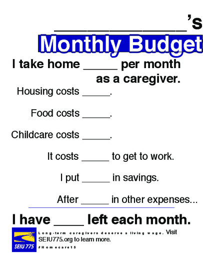 IMAGE: Some of the state's lowest-paid workers are making their home budget details public at a Thursday 'Fight for $15' rally at the State Capitol. They'll fill out and carry this monthly budget summary sheet to show lawmakers. Graphic courtesy SEIU Local 775.