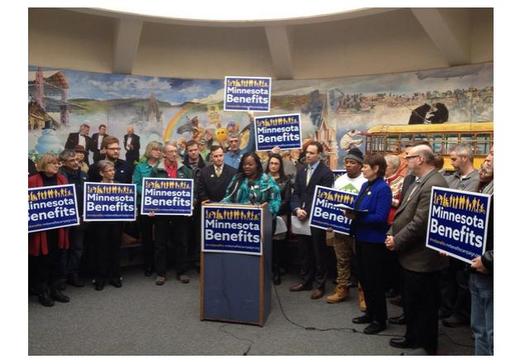 PHOTO: Duluth mother Tiffany McDonald says she had to give up a good, full-time job she had just gotten when her son got sick. McDonald is addressing the kick-off of a push for more Minnesota workers to get earned sick leave. Photo courtesy of TakeAction Minnesota.