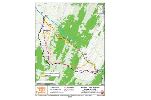 MAP: Dominion and its partners are surveying an alternative route for part of the controversial Atlantic Coast natural-gas pipeline. The current path is in blue, the alternative in black. Map submitted by Dominion to the Federal Energy Regulatory Commission.