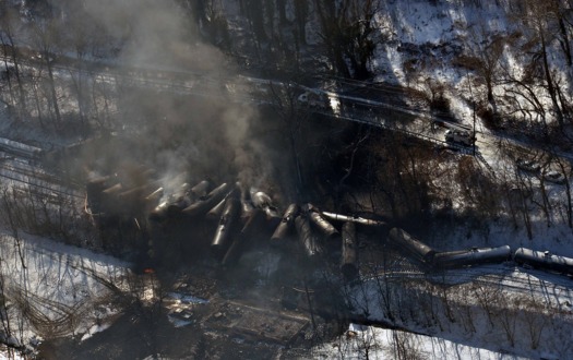 PHOTO: Environmentalists say the derailment and explosion of a train carrying crude oil in Montgomery, West Virginia, highlights the threats to drinking water and public safety from the transportation of oil and other chemicals by rail. Photo credit: The office of Governor Earl Ray Tomlin