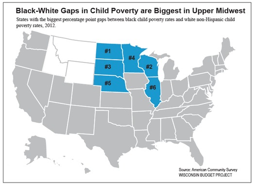 GRAPHIC: This illustration shows Wisconsin's huge disparity between children of color living in poverty and white children living in poverty. A new Annie E. Casey Foundation report describes a more useful way of measuring poverty and identifying programs that are effective in fighting it. Image courtesy of Wisconsin Budget Project.