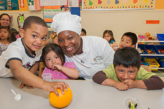 PHOTO: Project Bread�s Chef Vanessa LaBranche with students is part of the outreach that is moving the Commonwealth out of the basement when it comes to participation in school breakfast. Courtesy: Project Bread  