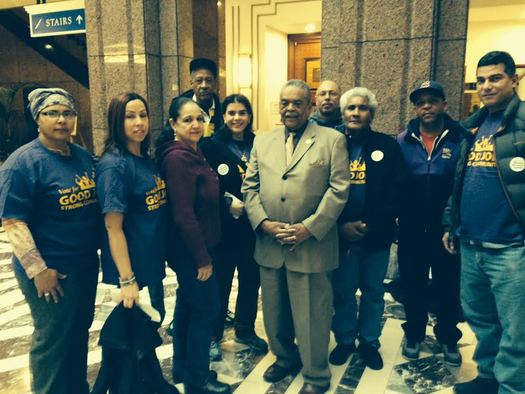 PHOTO: Senator Ed Gomes with workers as lawmakers take up the Better Jobs Act in Hartford. Credit: E. Villasante