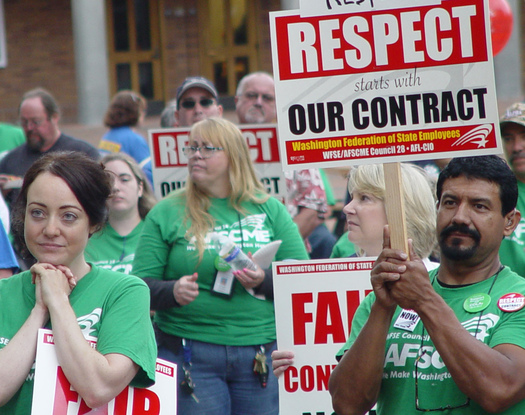 PHOTO: State workers' contracts for the next two years have already been negotiated, including st Western Washington University, where this rally took place in August. Senate Republicans are suggesting they all be renegotiated to save money. Photo courtesy Wash. Federation of State Employees.