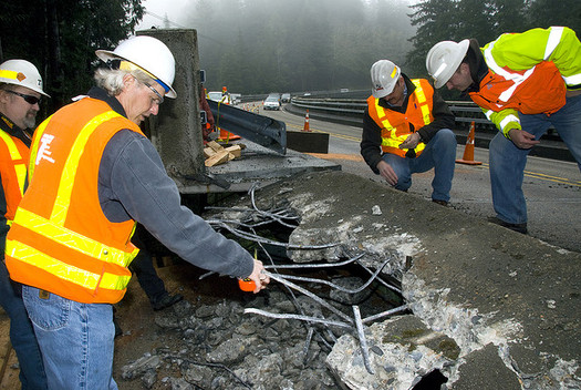 PHOTO: Not all the structural problems of Oregon bridges are age-related. ODOT crews also stay busy repairing damage caused by vehicles. Photo courtesy Oregon Dept. of Transportation.