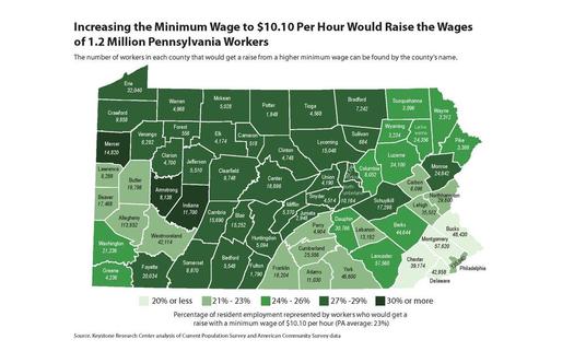 MAP: A new report finds that raising the state’s minimum wage would actually create more jobs, and it says in some counties as many as thirty percent of employees would get a boost. Map by the Keystone Research Center. 