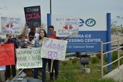 PHOTO: Human rights advocates gathered at the GEO Aurora Detention Facility calling for an end to the policy of locking families, including children, who are seeking asylum. Photo credit: Sean Ays.