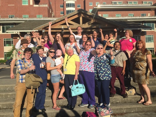 Caregivers at Peacehealth Sacred Heart Medical Center celebrate their union election win after the vote count last Thursday. Courtesy SEIU Local 49.