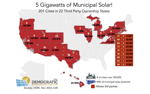 MAP: New data from the Institute for Local Self-Reliance documents how U.S. cities can leverage rooftop solar installation to lower municipal energy bills, taxes and pollution. It says seven cities in Virginia could generate 175 megawatts from solar on city buildings, part of five gigawatts nationally. Map courtesy of the Institute for Local Self-Reliance.