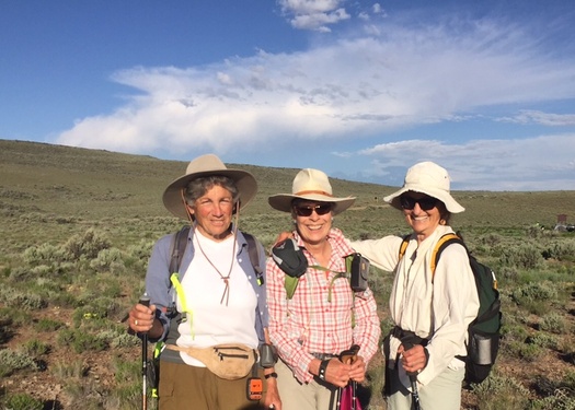 PHOTO: From left, Julie Weikel, Helen Harbin and Alice Elshoff spent five days hiking and camping on the sagebrush steppe of northern Nevada and southern Oregon this month. Photo credit: Heidi Hagermeier, Oregon Natural Desert Assn.