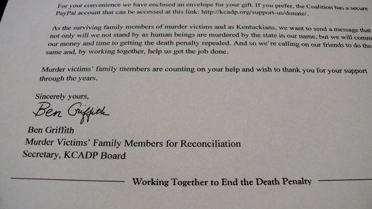 The letter Ben Griffith wrote to supporters of abolishing the death penalty. He and other victims' family members have issued a matching-fund challenge to Kentuckians who share their view. Credit: Greg Stotelmyer.