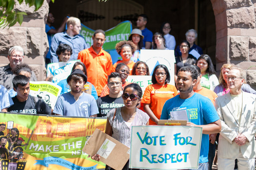 PHOTO: Members of a dozen immigrant-rights groups launched a voter-registration drive that will rely on young people to convince Long Islanders in working-class and minority communities to register to vote. Photo credit: Steve McFarland