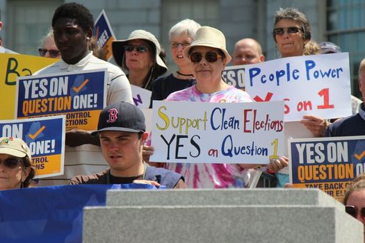 The comment period is under way for the draft language for Question 1. Supporters who gathered in Concord last week say the goal is to hold lawmakers accountable to the people. Credit: Jeff Kirlin