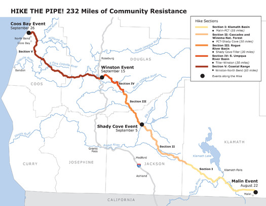 Hikers are dividing the proposed LNG pipeline route into five sections so people can join the hike as their schedules and hiking abilities allow from Aug. 22 to Sept. 26. Credit: Hike the Pipe.