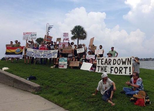 Protests began this weekend and culminate today against St. Augustine's 450th birthday celebration. Activists want an old fort and prison, the Castillo de San Marcos, torn down. Credit: Resist 450 Coalition