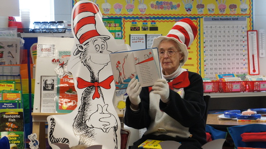 At 101, Kay Roberts still dresses up to read to students from the Cat in the Hat. After a half-century as an educator, she knows what makes a good teacher, and a good student. Courtesy: Massachusetts Teachers Assn.