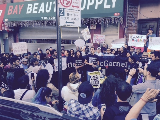 About 800 New Yorkers turned out at the site where Eric Garner was killed in police custody to call attention to the need for better police accountability. Courtesy: Make the Road NY