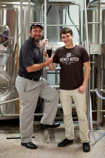 The Brewly Noted Beer Trail features nine breweries in northeast Tennessee and southwest Virginia, and encourages people to visit all breweries on the trail. Pictured here is Ken Monyak (left) of Bristol Brewery and Andrew Felty (right) of the Brewly Noted Beer Trail. Credit: Rob King