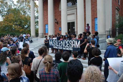 Students and community members gather to protest a statue on the UNC-Chapel Hill campus that recognizes alumni who died fighting for the Confederacy during the Civil War. Credit: Manzoor Cheema