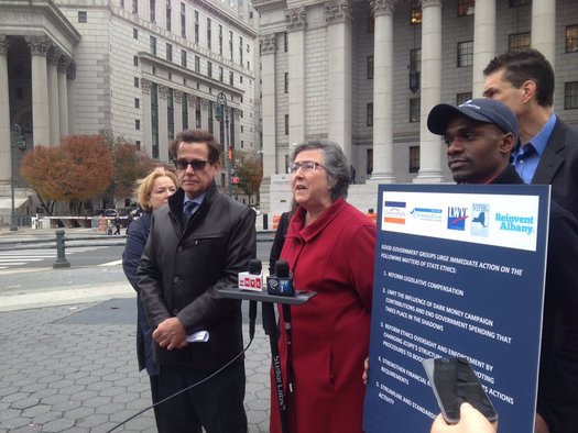 A call for ethics reform was issued outside the court where state officials are being tried for corruption. Credit: @commoncauseny