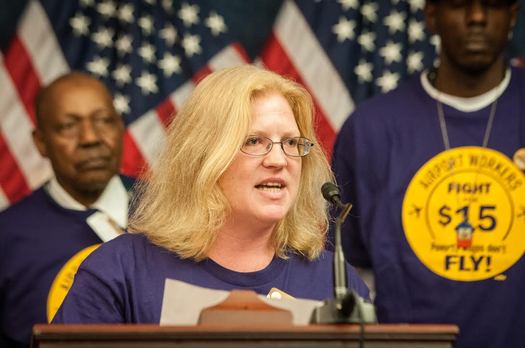 Portland International Airport janitor Julie Hayden spoke at a national rally this week in support of a $15 minimum wage and the right to join a union. Courtesy: SEIU