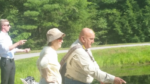 New Hampshire fishing guide Ron Sowa gives some fishing tips to Sen. Jeanne Shaheen, D-N.H. Today he is among those crediting the lawmaker for her vote this month that blocked Senate Bill 1104, which would have blocked protection of small rivers and streams. Courtesy: E. Orff.