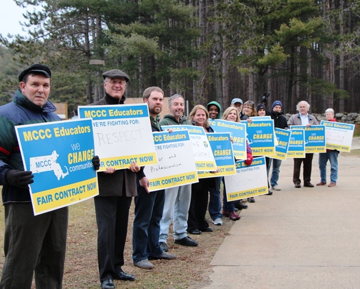 They have been working without a contract since June. Members of Massachusetts Community College Council demonstrated at Mount Wachusett Community College in Gardner this week in advance of the next round of negotiations on Friday. (S. McLennan)