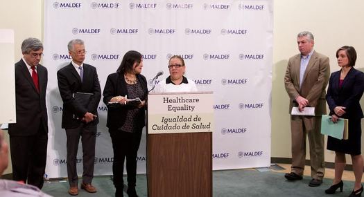 Latino advocates announce a civil rights complaint over health care at a press conference in Los Angeles on Tuesday. (SEIU-United Healthcare Workers West)