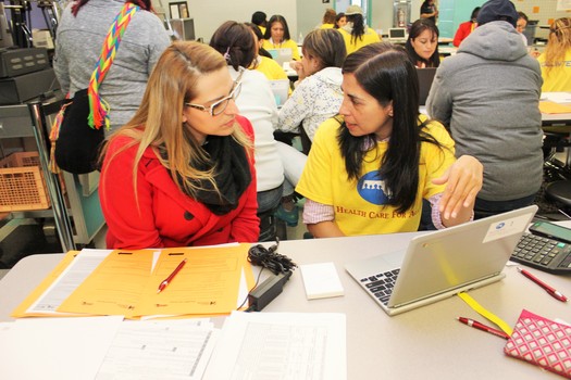 HelpLine counselor Denise Moran, right, is among those who are providing last-minute assistance to Bay Staters signing up for health coverage. (Health Care For All)